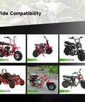 Product compatibility with Baja Doodlebug DB30, Coleman B100, Monster Moto models, Motovox MBX10, and Coleman RB100 vehicles