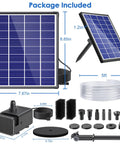 Package of Solar Fountain Pump for Bird Bath and Pond, 6.5W Solar Water Pump with Dry Run Protection, 5 Ft Tubing, and Nozzles