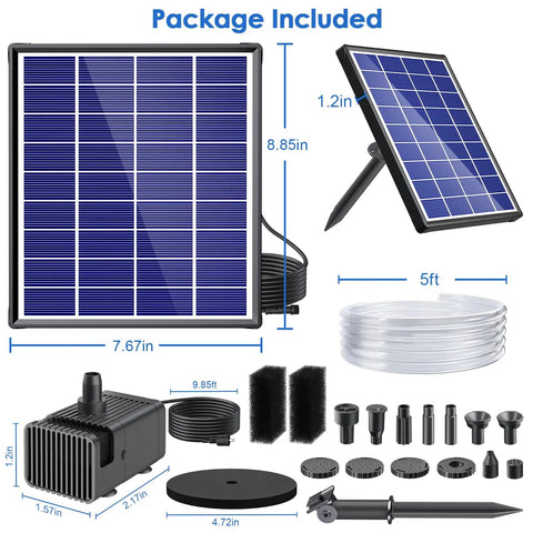 Package of Solar Fountain Pump for Bird Bath and Pond, 6.5W Solar Water Pump with Dry Run Protection, 5 Ft Tubing, and Nozzles