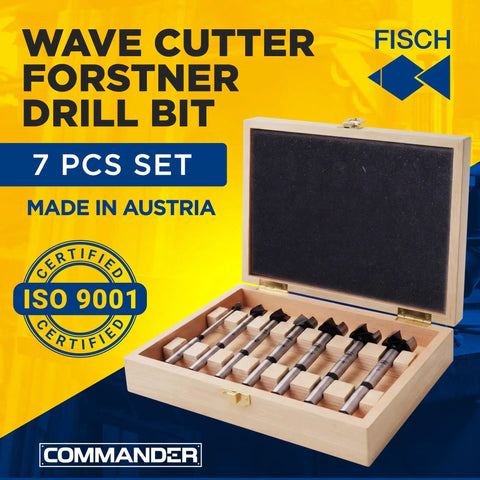 Wave Cutter Forstner Drill Bit Set 7 Piece Pro Grade Woodworking Kit with smooth wave cutting, boxed in Austria, bits visible.