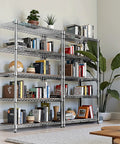 Five Tier Heavy Duty Wire Shelving Unit Adjustable Metal Storage Rack Tough As Nails Handles Massive 1750 Pound Loads in silver, filled with books and plants.