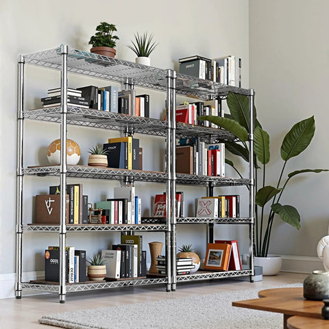 Five Tier Heavy Duty Wire Shelving Unit Adjustable Metal Storage Rack Tough As Nails Handles Massive 1750 Pound Loads in silver, filled with books and plants.