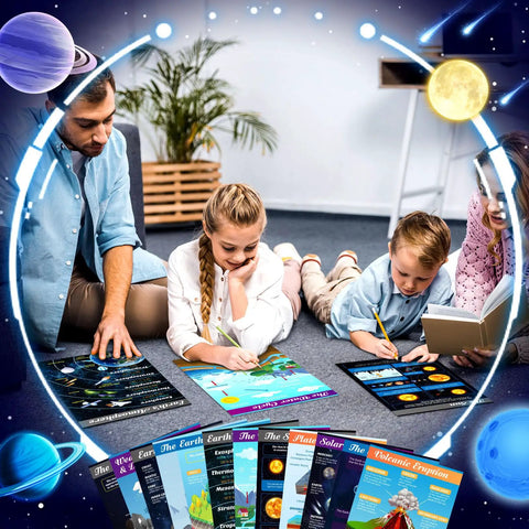 Family exploring 12 Piece Earth Science Poster Set For Classroom Decor 17x11 Inches Geology Geography Learning Charts with children
