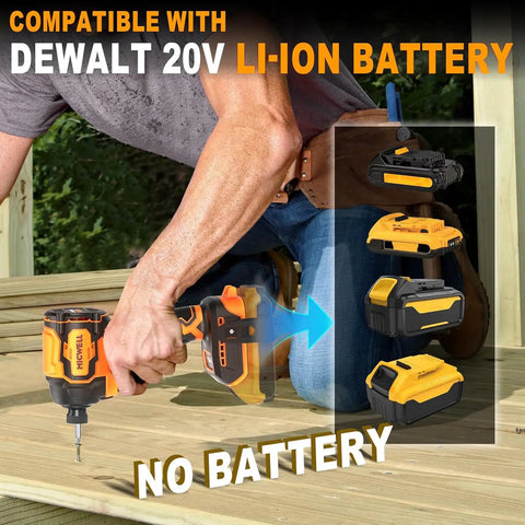 Cordless Impact Driver Tool Only With A Beast Brushless Motor 2300 Inch Pounds Torque Four Speed Settings One Fourth Inch Chuck Lightweight With LED Light Includes Tool Bag Compatible With DeWalt 20V Max Battery being used on deck with battery options displayed