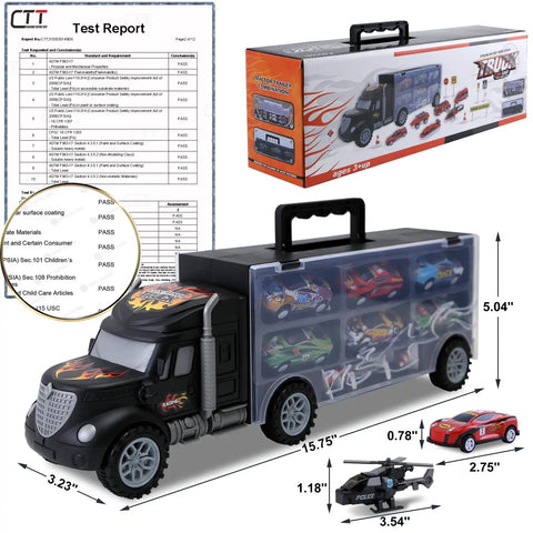 Big Transport Car Carrier Set With 12 Die Cast Vehicles And 8 Traffic Signs For Kids Ages 3 To 7 Durable Plastic Construction