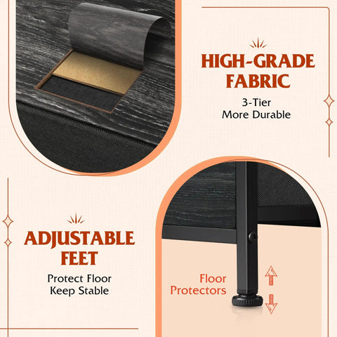 Close-up of Roomy Five Drawer Fabric Dresser materials, showing adjustable feet and high-grade fabric for durability.