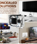 Premium In Wall TV Media Box For Slick Cable Concealment And Hidden Outlet Storage, showing concealed cables behind a mounted TV.