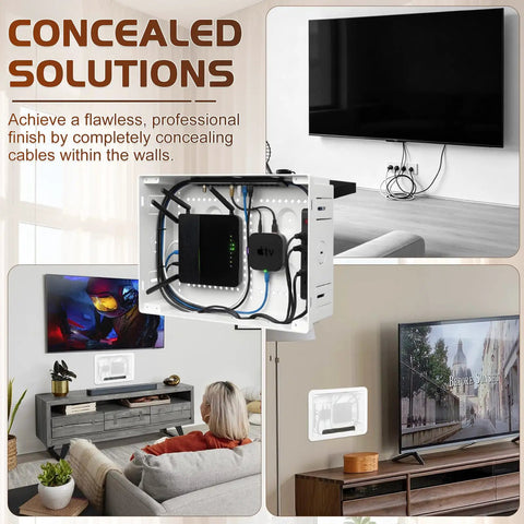 Premium In Wall TV Media Box For Slick Cable Concealment And Hidden Outlet Storage, showing concealed cables behind a mounted TV.