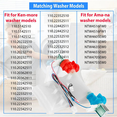 Heavy Duty Washer Water Inlet Valve Replacement for Whirlpool, Maytag, Kenmore, Amana, Crosley washers; red and blue valves