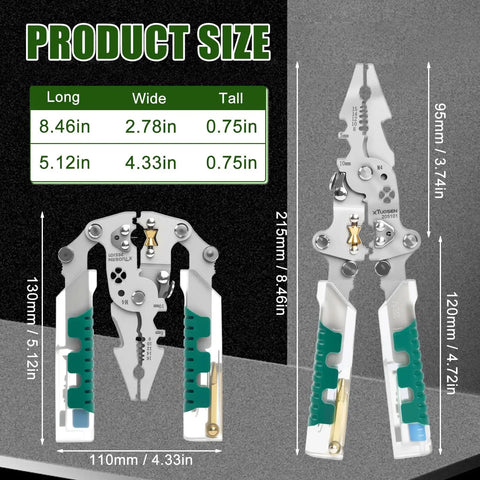 18 In 1 Foldable Wire Stripper With Voltage Detector shown in dimensions, multifunctional tool for cutting and pulling wires