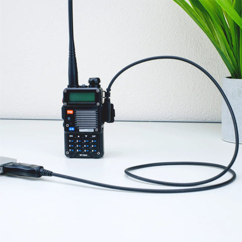 USB Radio Programming Cable For Baofeng Kenwood UV-5R BF-F8HP UV-82HP And More connected to a radio with K1 Jack standard