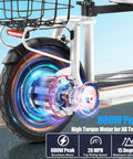 Close-up of 12-inch shock-absorbing tire of Peak 800W Electric Scooter With Seat For Adults, highlighting brushless motor.