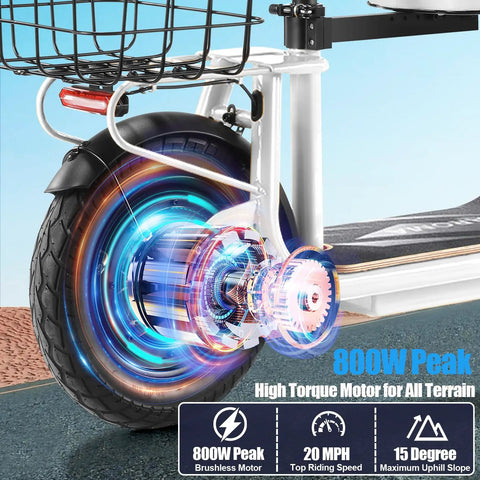 Close-up of 12-inch shock-absorbing tire of Peak 800W Electric Scooter With Seat For Adults, highlighting brushless motor.
