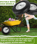 Two 16-inch solid wheelbarrow tires with silver rims, shown with a yellow wheelbarrow in a garden.