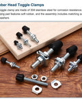 Six Piece Rubber Head Toggle Clamp Set M8x110mm Carbon Steel With Screws And Washers For Boxes Cabinets And Doors Includes 12 Screws And 12 Washers Durable Rust Resistant Hardware For Secure Jigs And Lids, shown with assorted clamps and hardware