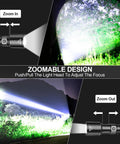 Zoomable Rechargeable Flashlight High Lumen Tactical LED Light With Memory Function in forest setting