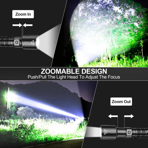 Zoomable Rechargeable Flashlight High Lumen Tactical LED Light With Memory Function in forest setting