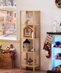 Five Tier Tall Narrow Bookshelf Takes Up Zero Floor Space While Holding All Your Favorites In A Smooth Natural Finish, displaying decor items.