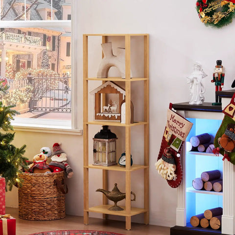 Five Tier Tall Narrow Bookshelf Takes Up Zero Floor Space While Holding All Your Favorites In A Smooth Natural Finish, displaying decor items.