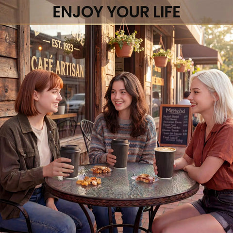 Three friends enjoying drinks with 50 Pack 12 Oz Disposable Coffee Cups With Lids And Straws Insulated To Go Paper Cups With Detachable Corrugated Sleeves