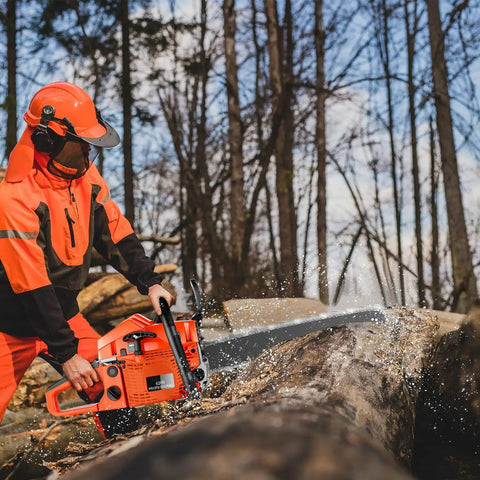 Worker using Beast 62cc Gas Chainsaw With 20 Inch Bar For Heavy Wood Cutting And Tree Trimming On The Farm
