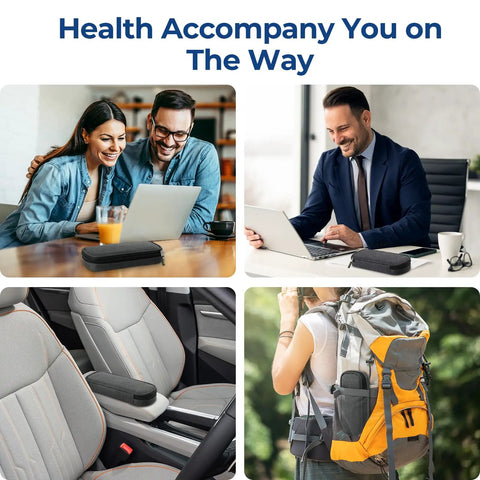 Collage showing Insulin Cooler Travel Case With Two 90g TSA Ice Packs in use at home, office, car, and in a backpack.