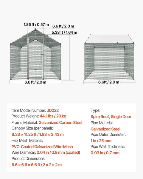Dimensions and materials of Metal Chicken Coop With Large Walk In Run And Cover, 6.56 Ft Square Spire Roof Hen House Enclosure.