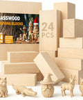 Whittling Wood Carving Blocks Set 24 Pieces In 3 Sizes For DIY Projects with carved figurines, basswood material shown.