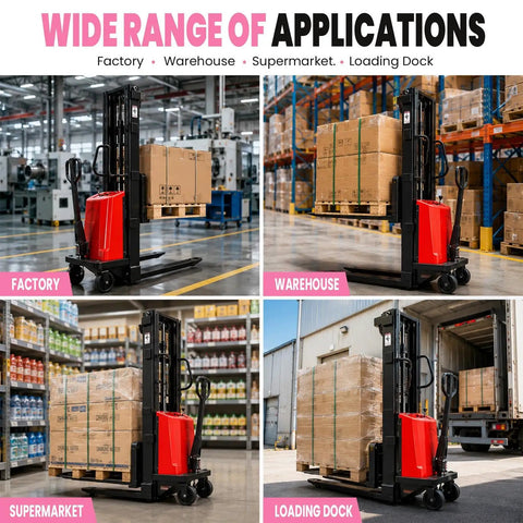 Heavy Duty 3300 Lbs Semi Electric Pallet Stacker With Iron Frame For Warehouse Forklift Jobs And Tall Stack Heights Up To 78 Inch Handle Height in factory and warehouse settings.