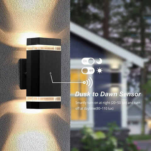 2 Pack Dusk To Dawn Outdoor Wall Lights Up And Down IP65 Waterproof Aluminum Exterior Fixtures For House Garage Porch Doorway Durable Aluminum Build Easy Install Bulbs Included