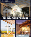 Solar Pendant Light With Remote For Outdoor Shed Barn Porch Gazebo shown in various weather conditions, IP65 waterproof.