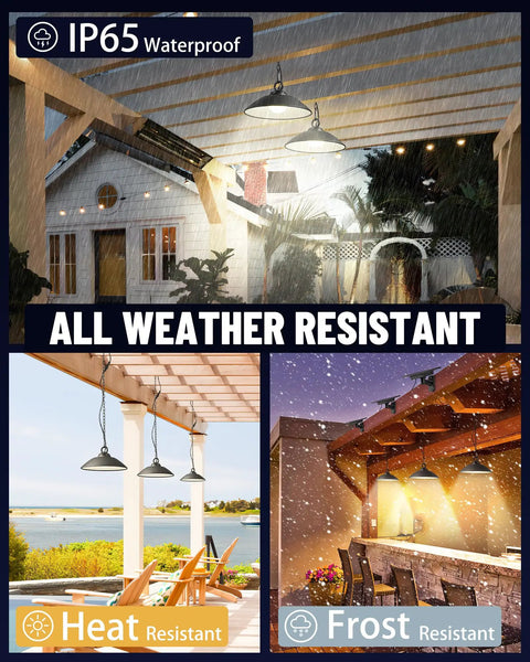 Solar Pendant Light With Remote For Outdoor Shed Barn Porch Gazebo shown in various weather conditions, IP65 waterproof.