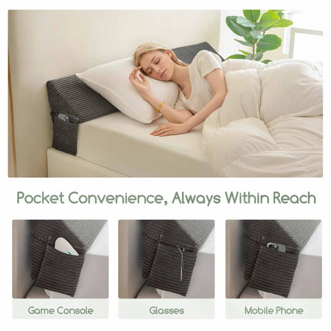 King Size Wedge Pillow for Headboard Gap Filler and Bed Gap Sealer, Adjustable Wedge for Head and Neck Support, Multi Functional Gap Blocker for Bed, Sofa, or Wall Gaps, Seals 0 to 7 Inch Gap, Gray 76 by 11 by 9 Inches with pocket