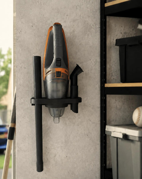 Wall Mount Vacuum Holder for 18V hand vacuums, secure center lock design installed in a garage with carbon fiber reinforced structure
