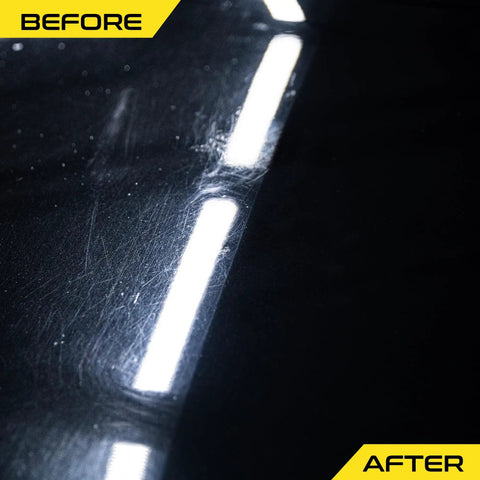 Before and after using Scratch Out Liquid Car Scratch Remover And Polishing Compound For Light Scratches, Hazy Paint And Swirl Marks