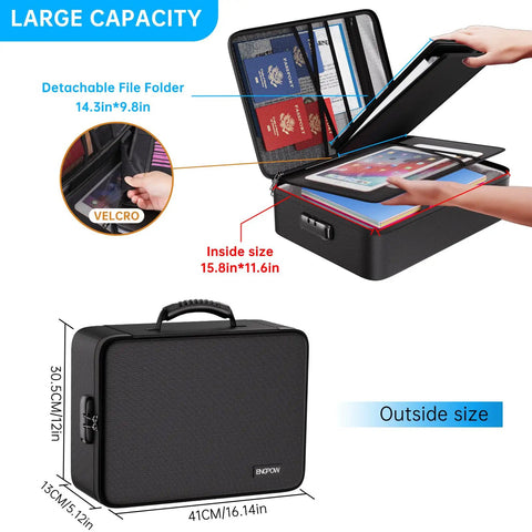Fireproof Document Box With Lock And 25 Colorful Pocket Folders, showing interior and exterior dimensions, large capacity illustration