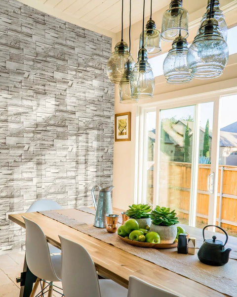 Stone Brick Wallpaper Peel And Stick Vinyl For Walls 17.7 In By 118.1 In Removable Backsplash in dining room setting