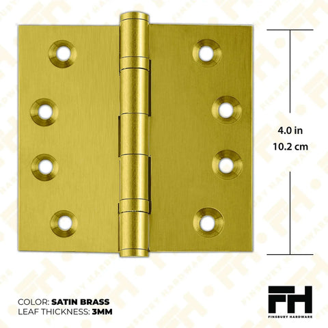Heavy Duty Ball Bearing Door Hinges 4x4 Inch Solid Brass Matte Satin Brass With Decorative Screw On Tips Included, front view.