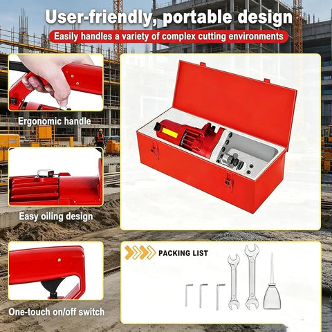 Powerful 1250W Electric Hydraulic Rebar Cutter in portable red toolbox with ergonomic handle and easy oiling design.