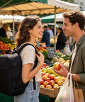 Person wearing Carry On Friendly Hiking Backpack With Expandable Capacity Opens Flat For Easy Packing at a fruit market.