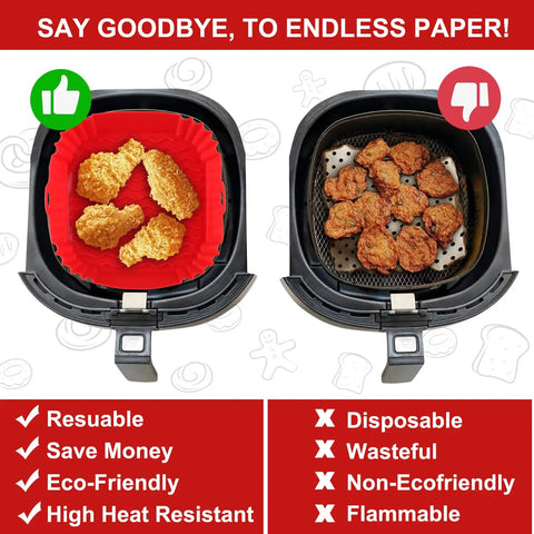 Two Pack Silicone Air Fryer Liners For Three To Five Quart Baskets Reusable Nonstick Inserts For Easy Cleanup Food Safe No Fuss Frying Accessory Fits Top Eight Inch And Bottom Six Point Eight Inch Pans, showing reusable red silicone liner and disposable paper liner