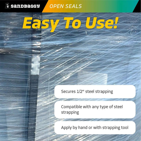 Open Steel Strapping Seals Half Inch By One And A Quarter Inch Galvanized Metal Banding Clips shown securing strapping