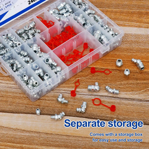 Open storage box with Grease Nipple Fittings Kit With Lubrication Connectors And Locking Caps for Industrial Machinery and Auto Repair Shops