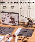 Anti-Aircraft Gun 3D Wood Puzzle For Adults And Teens on table with pre-cut boards and box; DIY Building Set for Hobbyists