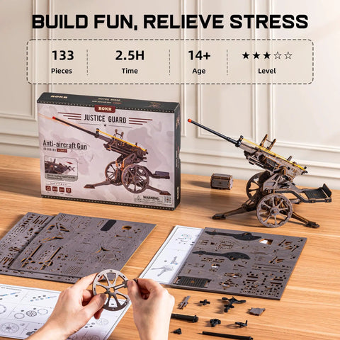 Anti-Aircraft Gun 3D Wood Puzzle For Adults And Teens on table with pre-cut boards and box; DIY Building Set for Hobbyists