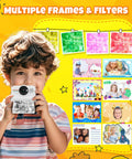 Kids Instant Print Camera With 1080P HD Imaging And No Ink Thermal Printing Includes 3 Rolls Photo Paper And 32GB Memory Card showing multiple frames and filters