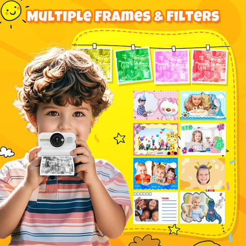 Kids Instant Print Camera With 1080P HD Imaging And No Ink Thermal Printing Includes 3 Rolls Photo Paper And 32GB Memory Card showing multiple frames and filters