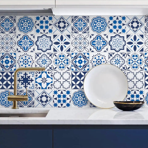 Blue Glossy Peel And Stick Contact Paper Roll Thicker Waterproof Self Adhesive Wallpaper for countertops with blue and white pattern