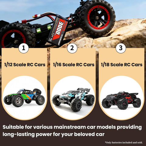 7.4V 3000mAh Li-ion RC Battery 2S T Plug for 1/12, 1/16, 1/18 RC cars with images of compatible models