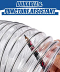 Close-up of a flexible 4 inch diameter 70 foot clear dust collection hose showcasing puncture resistance with pencil tip test.